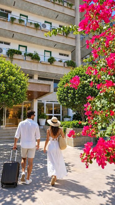 Couple marchant vers un hôtel entouré de fleurs.