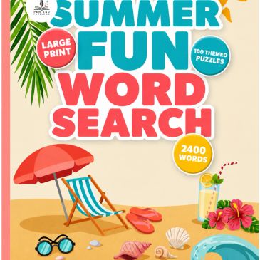 Summer-themed word search puzzle book cover with beach items.