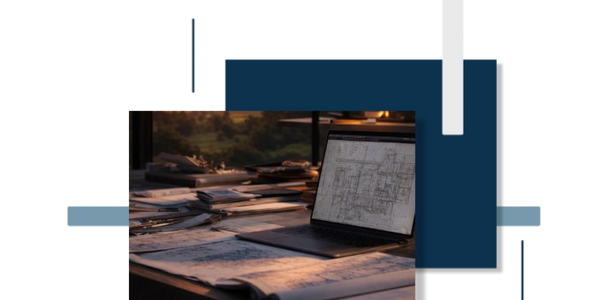 Laptop displaying architectural blueprints on a cluttered desk at sunset.