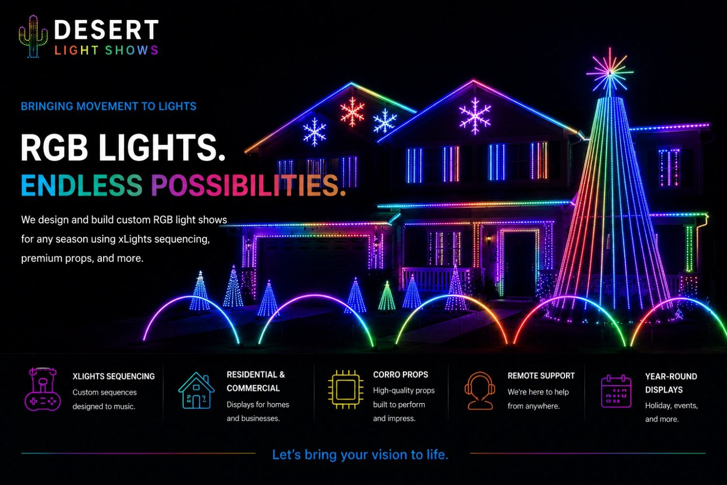 Colorful RGB light show decorates a house with custom sequences and vibrant props.