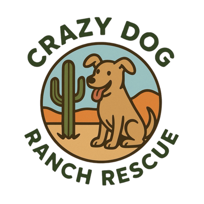 Logo of Crazy Dog Ranch Rescue with a happy dog and desert cactus.