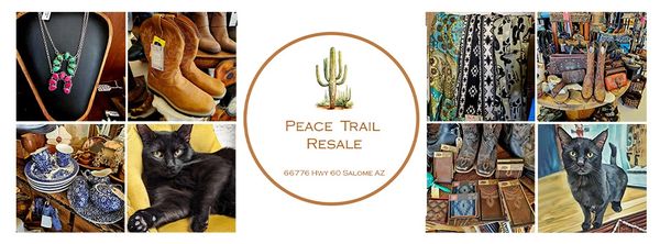 Collage of vintage items and a black cat from Peace Trail Resale shop.