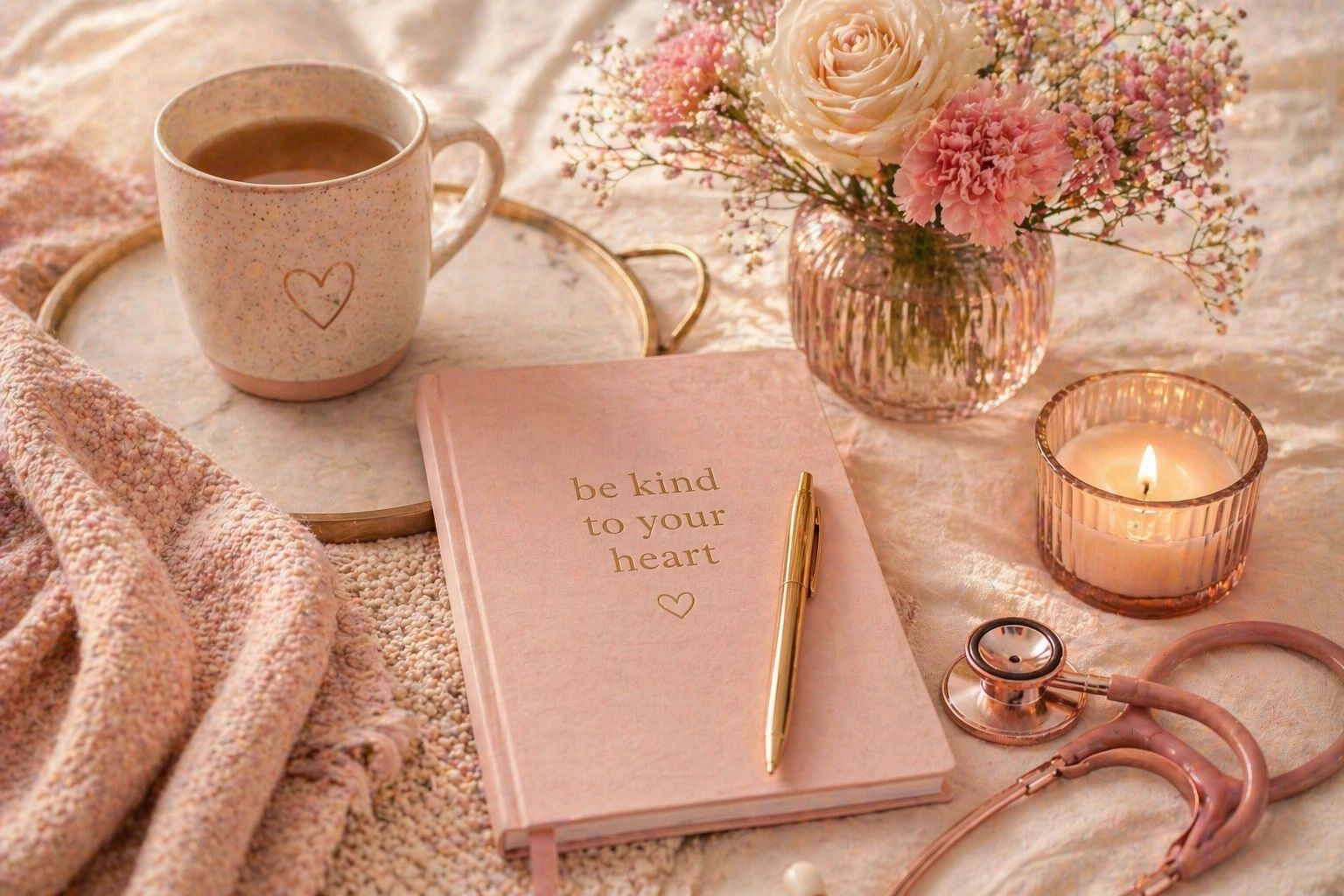 Soft cozy scene with flowers, candle, coffee, and journal.