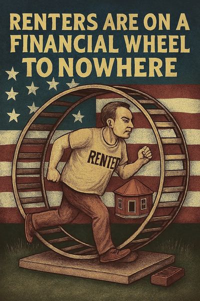 A renter runs on a hamster wheel symbolizing financial struggle with housing.