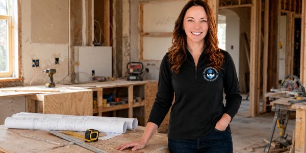 Smiling woman in a black shirt stands in a construction site with blueprints on the table.