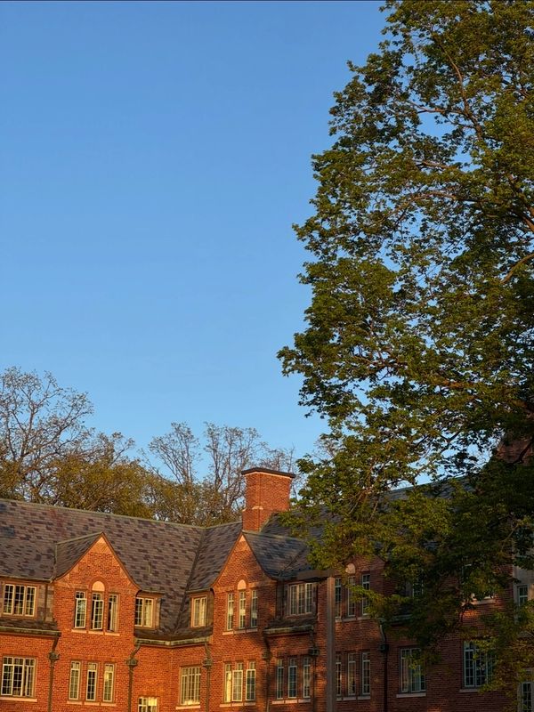 A red brick building with multiple windows under a clear blue sky.