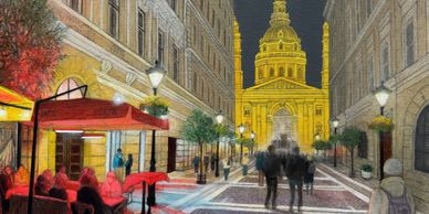 Street scene of people and cafe in Budapest, Hungary.