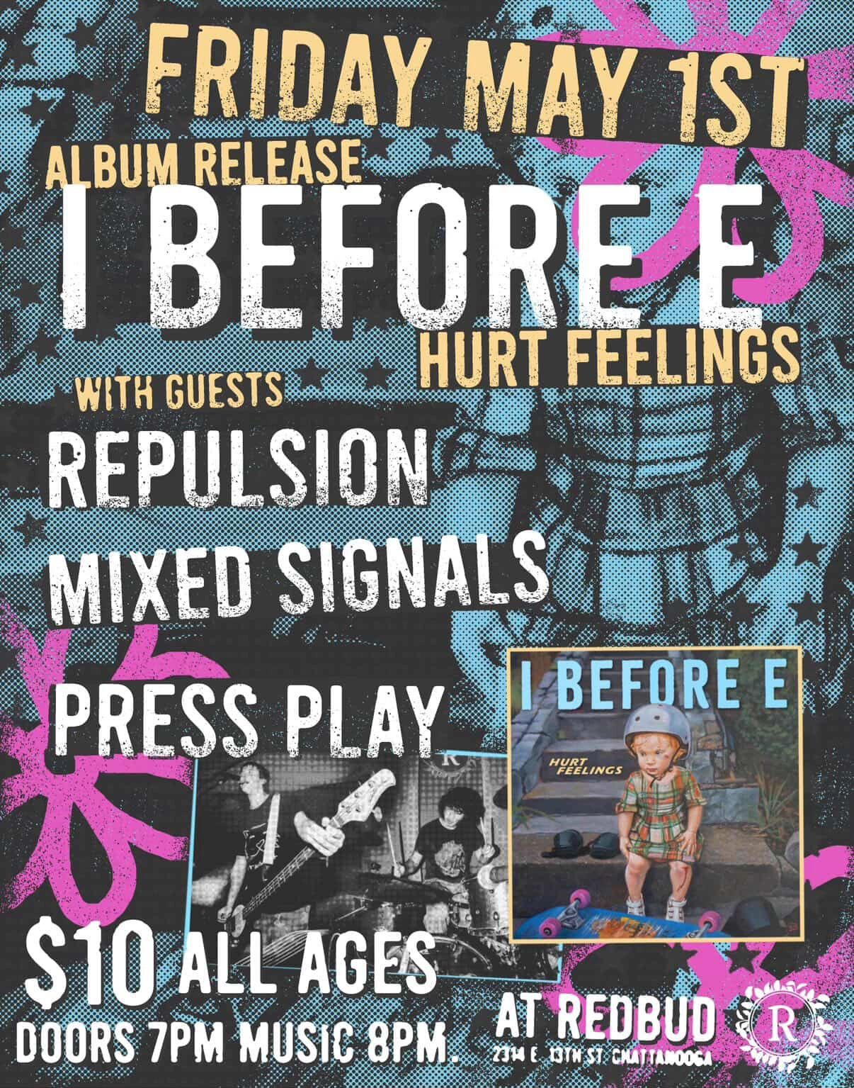Concert poster for I Before E album release with guests at Redbud.