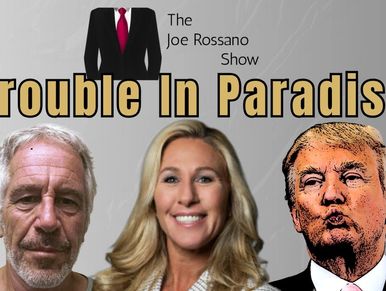 Podcast cover featuring Jeffrey Epstein, Marjorie Taylor Greene, and Donald Trump titled 'Trouble In Paradise'.