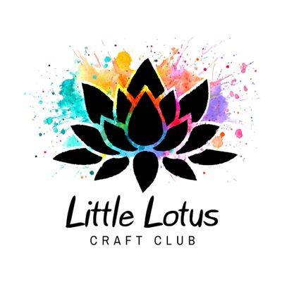 Black lotus silhouette with colorful watercolor paint splashes and 'Little Lotus Craft Club' text below.