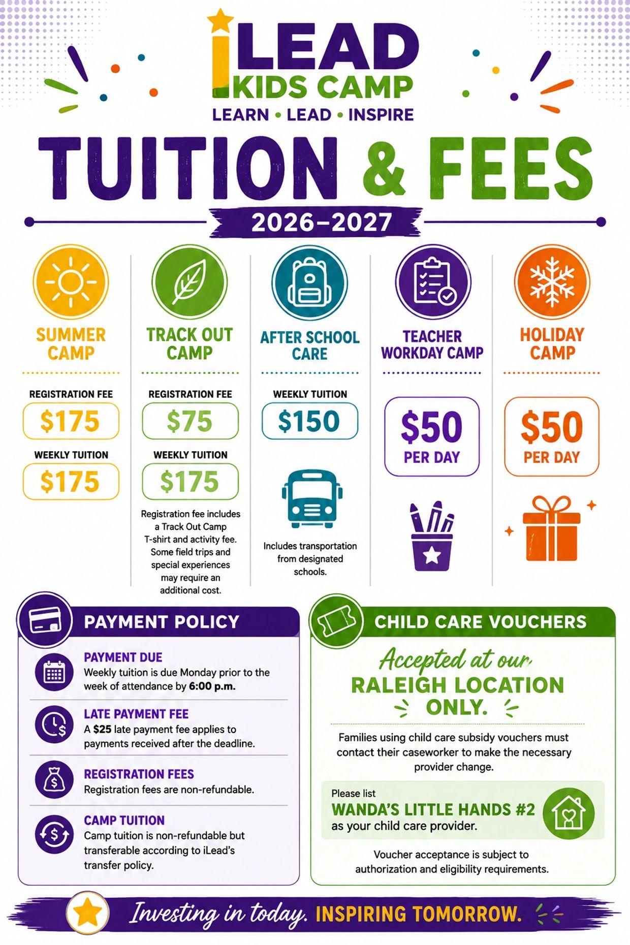 iLEAD Kids Camp tuition and fees for 2026-2027 with payment policy and child care vouchers.