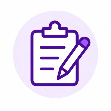 Clipboard with a pencil icon in purple.