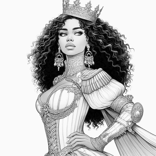  Coloring Book Image of a sassy African American queen with long curly hair posing.
