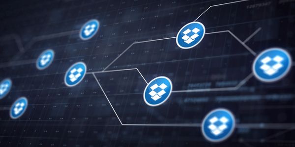 Digital network of interconnected Dropbox icons on a dark background.
