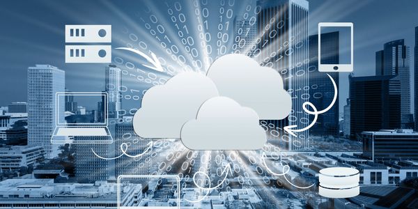 Illustration of cloud computing connecting various devices and servers in a cityscape.