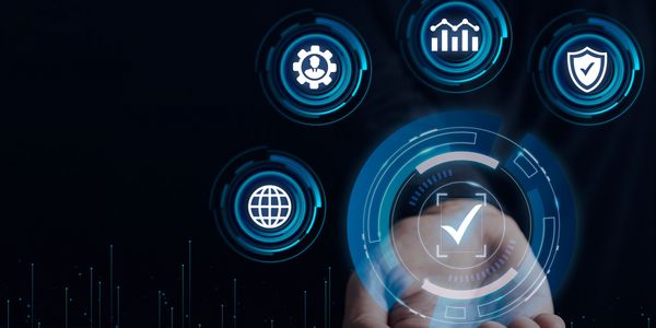 Hand presenting digital icons for security, analytics, and global connectivity.