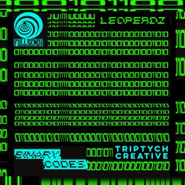Digital art with binary codes and creative text elements in neon green and blue.