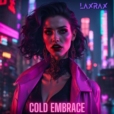 A stylish woman in neon-lit cityscape titled 'Cold Embrace'.