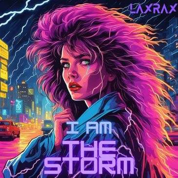 Vibrant neon-lit portrait of a woman with wild hair and stormy city backdrop.
