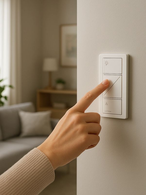 Hand adjusting a modern Lutron light dimmer switch on a beige wall.