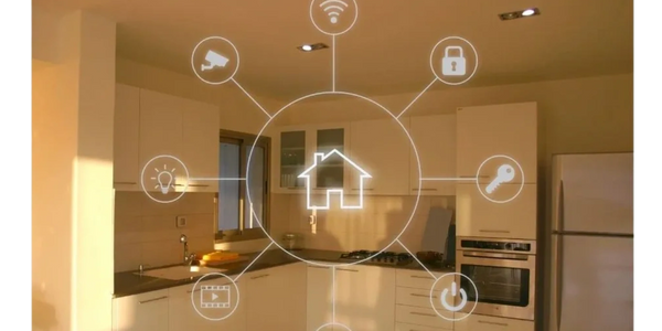Modern kitchen with smart home technology icons overlayed.