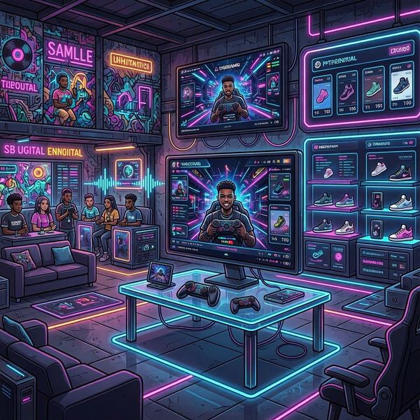 A vibrant neon-lit gaming room with multiple screens and people streaming.
