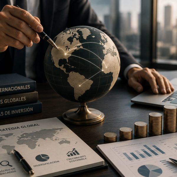 Globo terráqueo con conexiones, gráficos financieros y monedas.