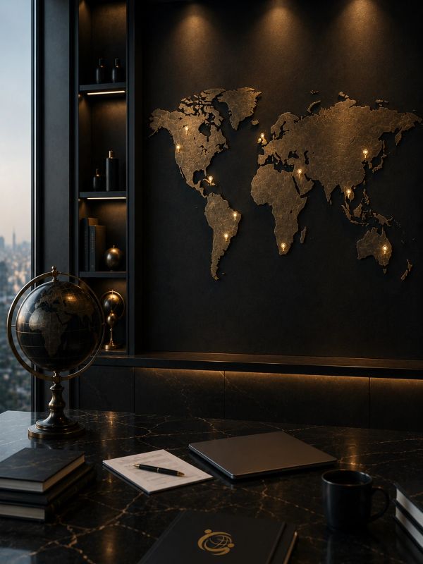Oficina elegante con mapa mundial iluminado y globo terráqueo.