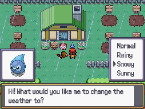 Pixel art game scene with character choosing weather change to snowy.
