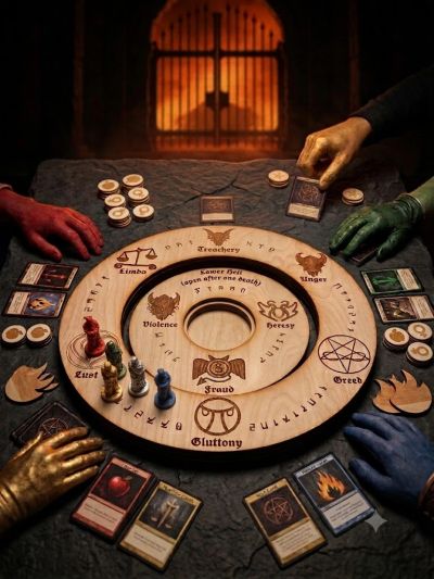 A mystical board game themed around the seven deadly sins with players' hands poised to play.