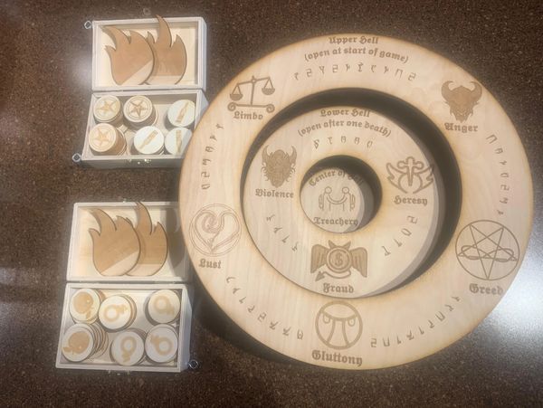 Wooden spiral board with seven deadly sins and tokens.