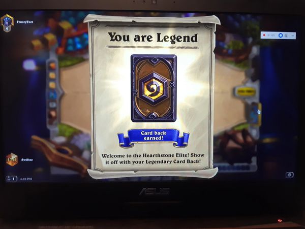 Hearthstone game screen showing "You are Legend" with a card back earned.