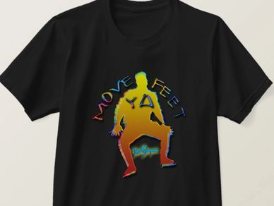 Black T-shirt with 'Move Ya Feet' logo.