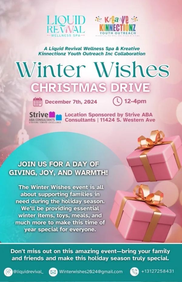 Flyer for Winter Wishes Christmas Drive event on December 7th, 2024.