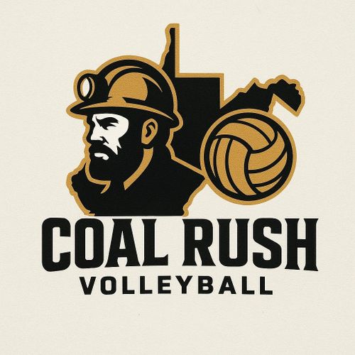 Coal Rush Volleyball logo featuring a miner and volleyball.