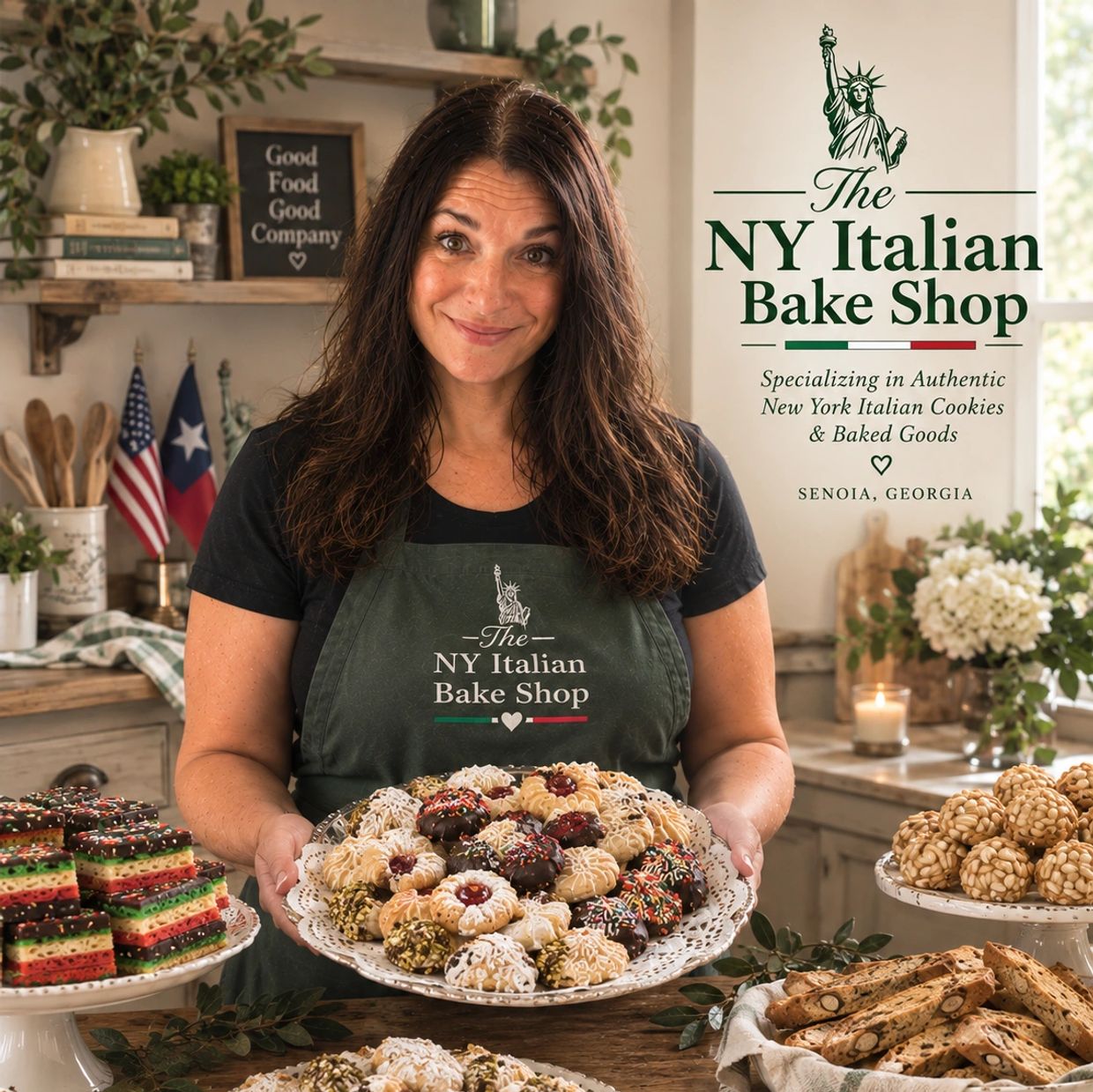 Woman holding a plate of assorted cookies at The NY Italian Bake Shop.