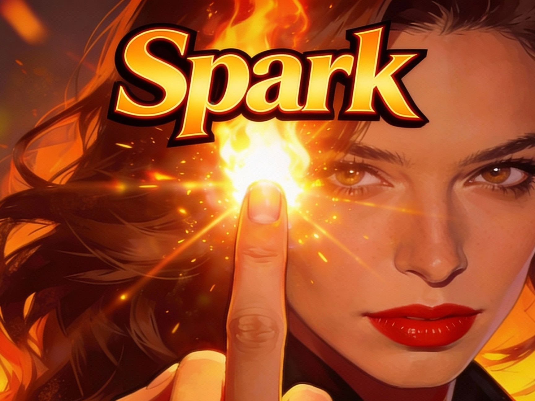 Woman with fiery finger and the word "Spark".