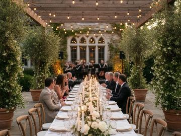 Elegant outdoor dinner party with string lights and floral decor.