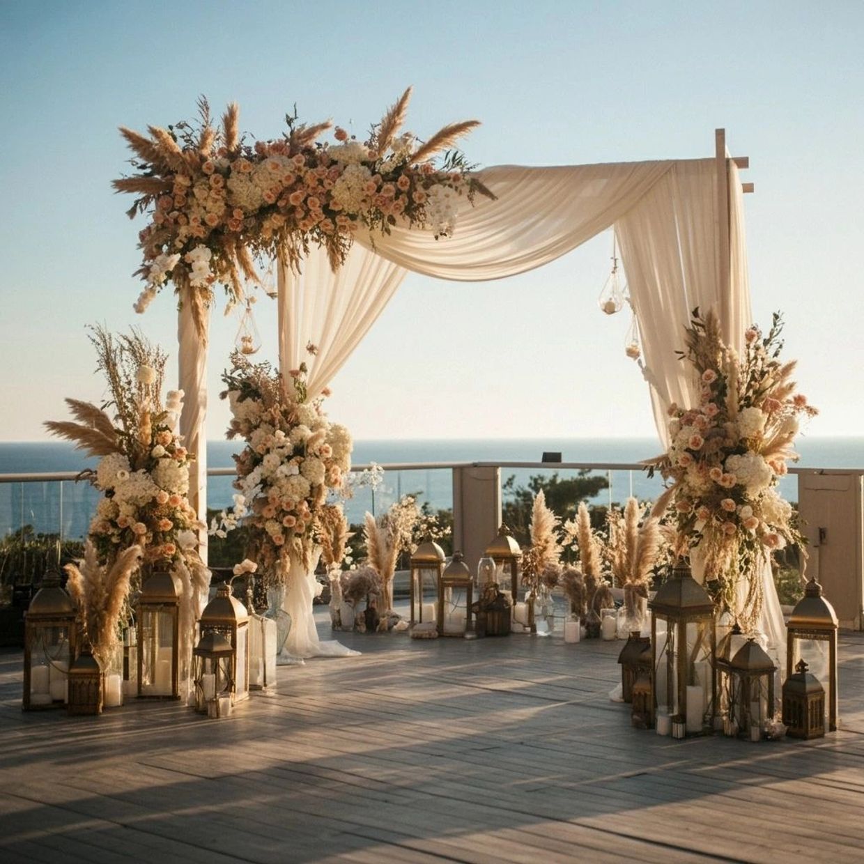 Elegant floral wedding arch with draped fabric and lanterns by the sea at sunset.