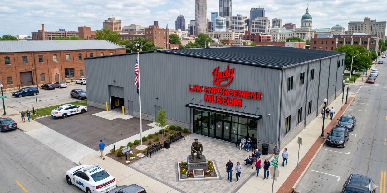 Indy Law Enforcement Museum building with people outside.