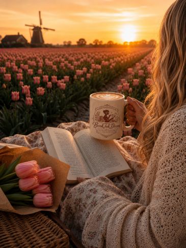 Woman enjoying coffee and reading in a tulip field at sunset.