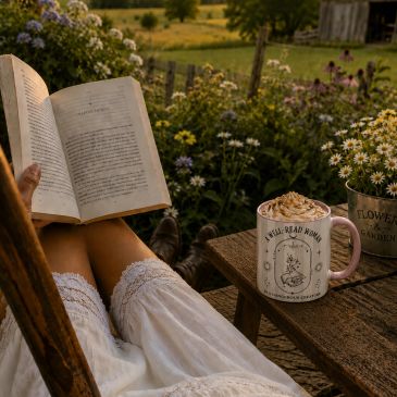 Cozy countryside reading scene at golden hour with a person in a white lace dress holding an open bo