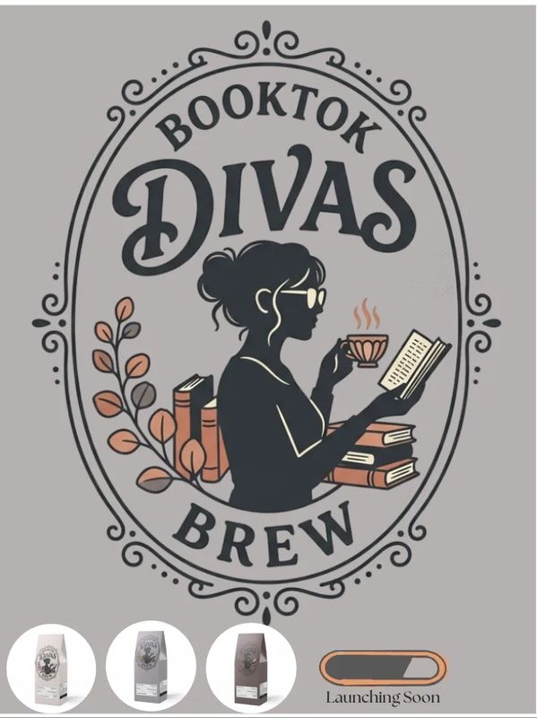 Logo of BookTok Divas Brew featuring a woman reading and drinking coffee.