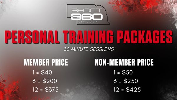 Personal training packages at Shoot 360 Lincoln with member and non-member prices for 30-minute sessions.