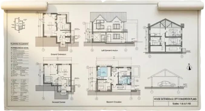 House extension plans showing loft conversion, ground floor extension and basement layouts