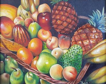 tropical exotic fruits in a large basket south america still life oil painting
