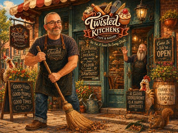 Man sweeping outside Twisted Kitchens bakery with welcoming signs and a friendly worker.