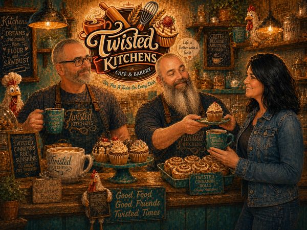 Friendly baristas serving cupcakes and coffee at Twisted Kitchens café.