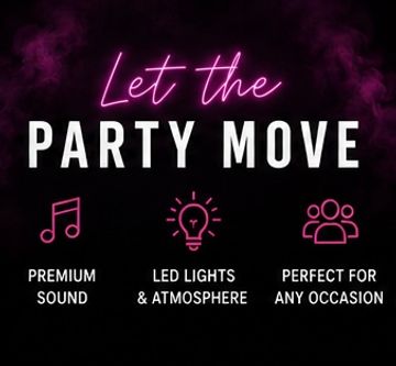 Neon party advertisement highlighting sound, lights, and versatility.