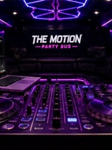 DJ controller setup inside a party bus with neon lights.